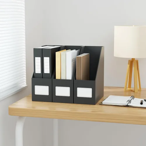 Vista 5 de JiaWei - Portarevistas negros, 3 paquetes de resistente estante de cartón, caja de archivo de organización de escritorio para estantes y escritorio