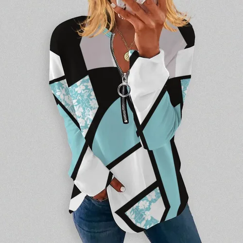 Vista 3 de Sudadera holgada con cremallera de un cuarto para mujer, estilo casual, moderna, atlética, estampada, de manga larga