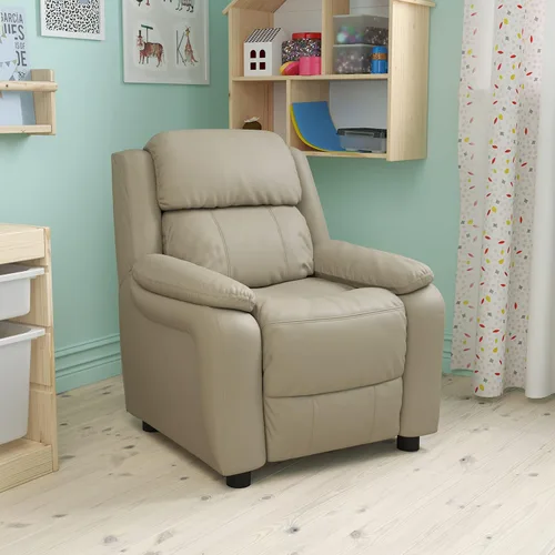 Vista 2 de EMMA + OLIVER Sillón reclinable infantil de vinilo beige acolchado de lujo con brazos de almacenamiento