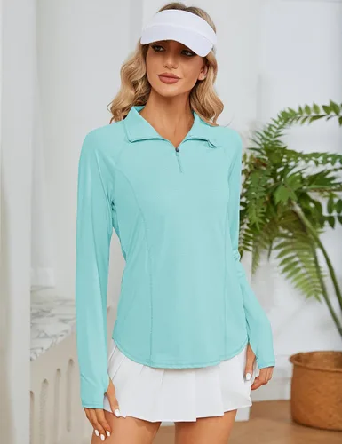 Vista 3 de LOMON Camisas de manga larga para mujer, protección solar, cremallera de 14, de verano, de secado rápido, para senderismo, con cremallera de un