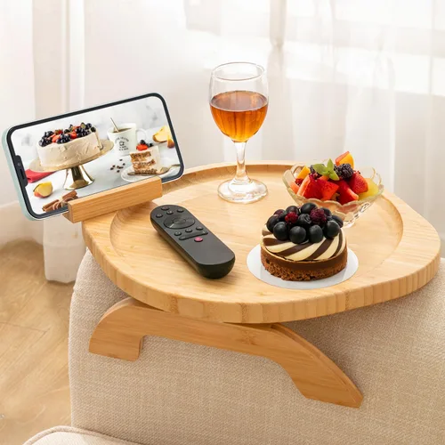 Vista 8 de SINWANT Mesa de brazo para sofá, bandeja redonda de bambú con clip para sofá con soporte para teléfono de 360°, mesa plegable para reposabrazos