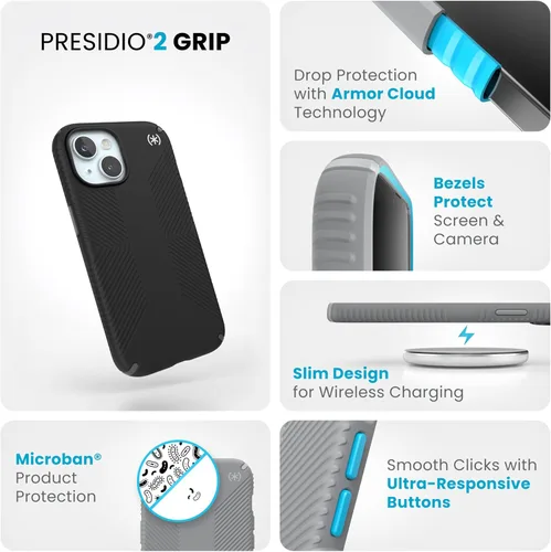 Vista 3 de Speck Presidio2 Grip - Funda para iPhone 15 de 6.1 pulgadas, compatible con iPhone 14 y 13, color negro, gris pizarra, blanco