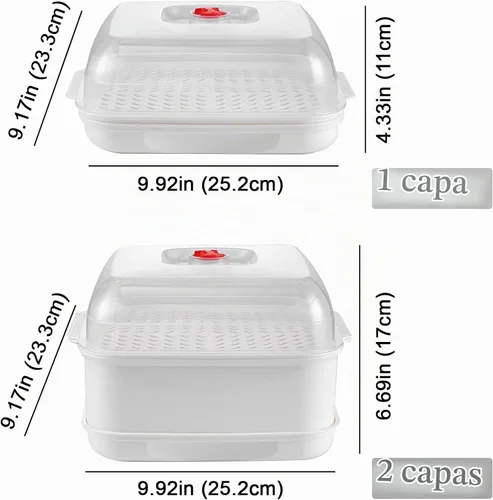 Vista 8 de Vaporera de microondas con tapa y bandeja, vaporera de verduras para tazón de microondas, utensilios de cocina aptos para microondas (2 niveles)