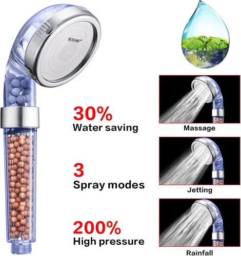 Vista 2 de NOSAME Cabezal de ducha, filtro de filtración de alta presión, ahorro de agua, 3 modos de función, pulverizador, cabezales de ducha de mano
