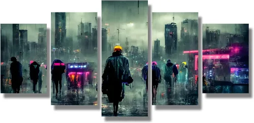 Vista 67 de Lienzo decorativo para pared, diseño de ciudad futurista Cyberpunk para sala de estar, impresión multipanel, obra de arte de cocina, pintura