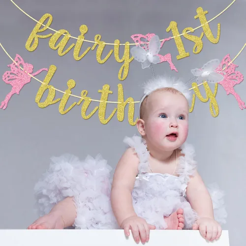 Vista 5 de Cartel de primer cumpleaños de hada, decoración de fiesta de primer cumpleaños de hadas, pancarta de primer cumpleaños para niña, decoraciones