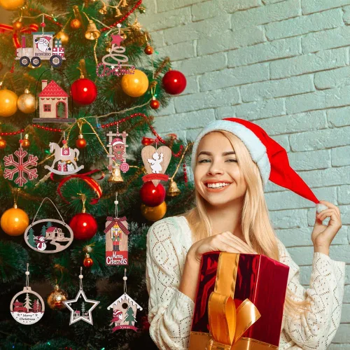 Vista 7 de IDATOO Adornos de Navidad, 12 piezas de decoraciones de árbol de Navidad de madera, juegos de adornos de Navidad rústicos de granja de estilo 3D