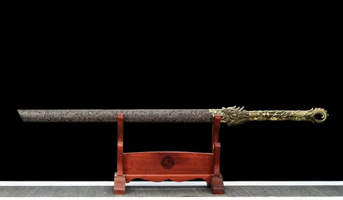 Vista 2 de Espada de hoja recta de acero al carbono hecha a mano con patrón genial, espada Dragón Tang Dao china Dorado