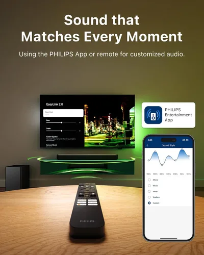 Vista 5 de Barra de sonido PHILIPS B5309 2.1 con subwoofer inalámbrico y tecnología de audio DTS Virtual:X inmersiva - 240W de potencia máxima, graves