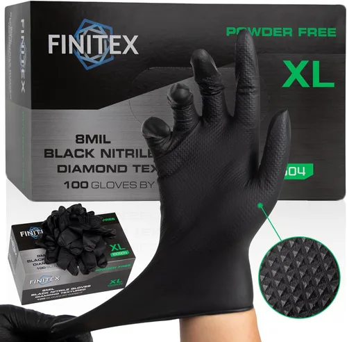 Vista 8 de FINITEX Industrial Diamond Texture Nitrile Black Glove - 100/1000PCS Chemical Resistant 8mil Mechanic Disposable Gloves