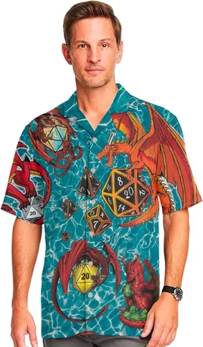 Vista 4 de Camisa de playa Aloha de manga corta con diseño de dragón de mazmorra y estampado floral para verano