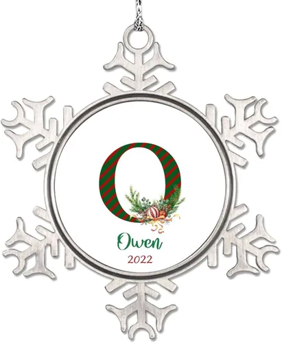 Vista 21 de Monograma inicial letra A copo de nieve, adorno de bayas de pino de Navidad para decoración de árbol de Navidad, adornos de Navidad personalizados