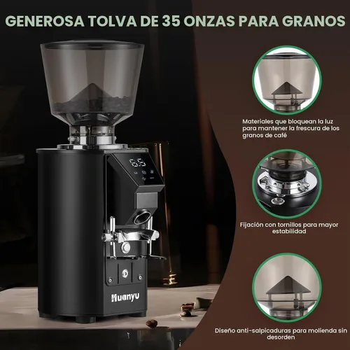 Vista 5 de Huanyu Molinillo de café comercial - Control de pantalla táctil, 8 ajustes de molienda, rebaba plana de 2.520 in, modos de dosificación dual