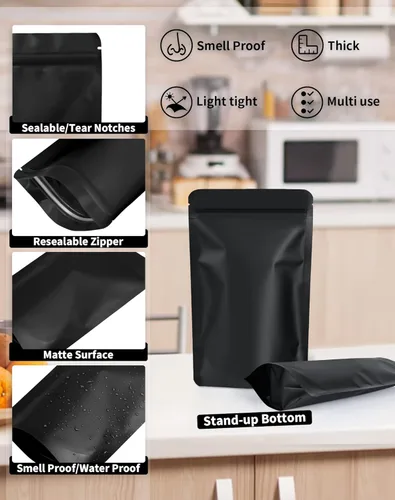 Vista 3 de FireKylin Paquete de 100 bolsas resellables con pie, bolsas a prueba de olores con cierre de cremallera de aluminio para embalaje