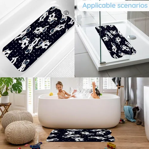 Vista 7 de Tapetes de bañera para niños, tapete de baño de astronauta negro antideslizante para bañera de 40 x 16 pulgadas, grande, lavable, antideslizante