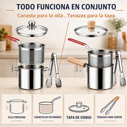 Vista 7 de Freidora multifuncional de acero inoxidable 304 de 3L con tapa de cesta y #A2