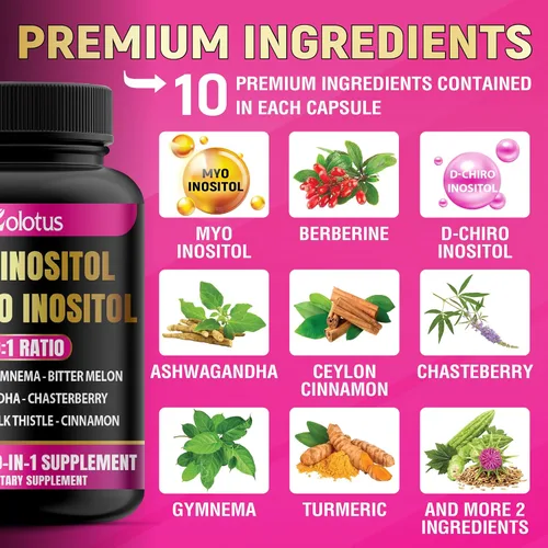 Vista 4 de Zolotus Myo-inositol y D-Chiro Inositol Proporción Ideal Suplemento de inositol con melón amargo, cardo mariano, cúrcuma, gimnasia, casteberry