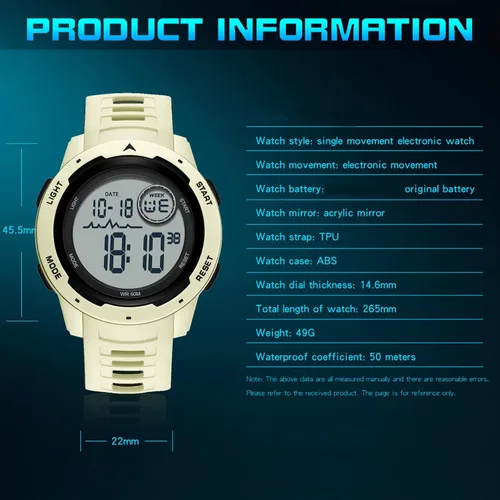 Vista 7 de Reloj deportivo digital rojo para hombre, reloj para hombre, táctico, militar, 5ATM, resistente al agua, para hombre, con luz LED, alarma, fecha