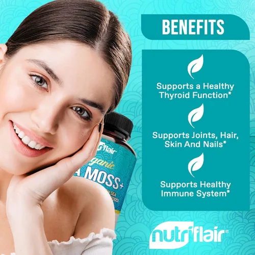 Vista 5 de NutriFlair Musgo marino orgánico de 1600 mg, 120 cápsulas más vejiga y bardana - Super alimento prebiótico - Sistema inmunológico y salud digestiva
