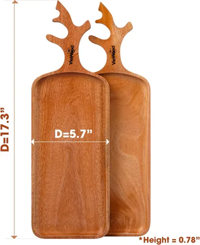 Vista 2 de VieWood Juego de 2 bandejas de madera con asa para decoración del hogar, tabla de servir de madera para frutas, cupcakes y platos decorativos