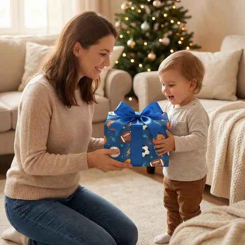 Vista 2 de SaringSwoon Papel de regalo para baby shower para niños y niños, papel de regalo de pelota deportiva azul con diseño de baloncesto, fútbol, béisbol