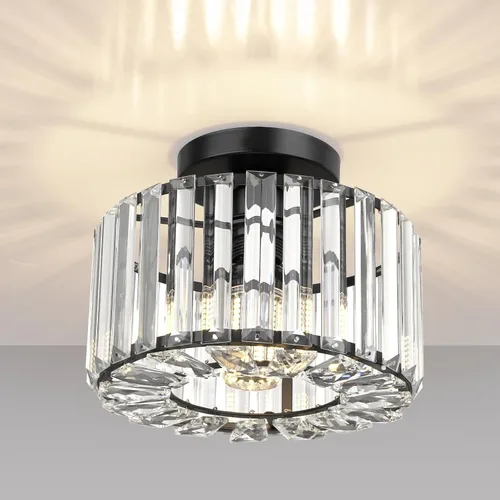 Vista 19 de FRIDEKO HOME Paquete de 2 Luces de Techo Semi Empotradas - Pequeña Lámpara de Araña de Cristal para Pasillo con Jaula de Metal Negro, Accesorio