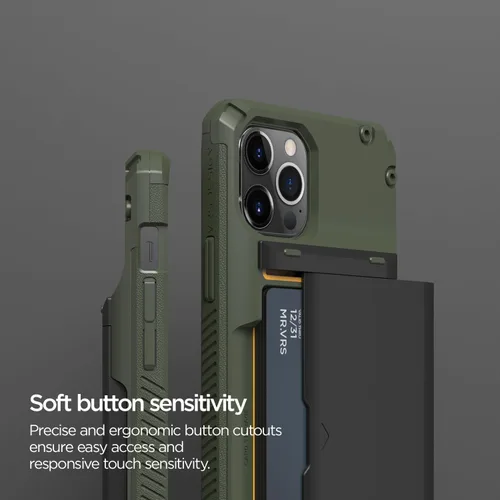 Vista 4 de VRS Design Damda Glide Pro funda compatible con iPhone 12/12 Pro, con espacio para 4 tarjetas, prémium, resistente, tarjetero semiautomático Verde