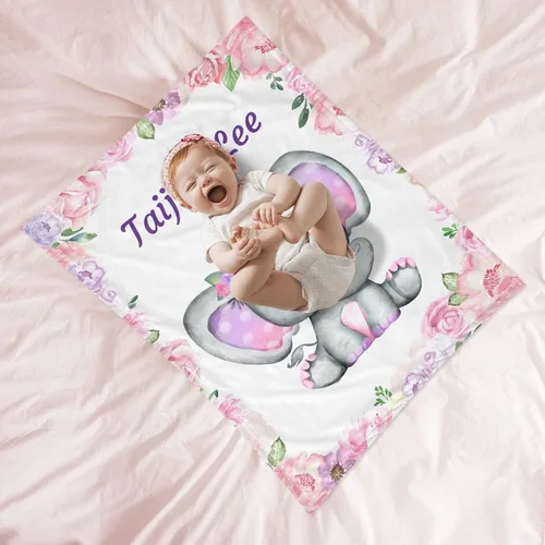Vista 4 de Manta de bebé personalizada con nombre para bebés, niños y niñas, diseño de elefante, manta suave, regalos de despedida de recién nacidos