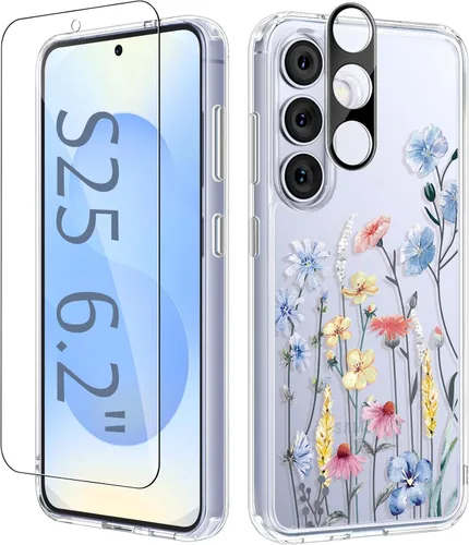 Vista 99 de GVIEWIN Funda protectora para Samsung Galaxy S25, transparente floral, delgada, a prueba de golpes, para mujer, no se pone amarilla, con protector