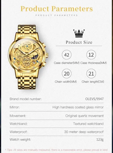 Vista 6 de OLEVS Reloj de pulsera para hombre, esqueleto de acero inoxidable, cronógrafo de cuarzo de lujo, impermeable, relojes luminosos para hombre