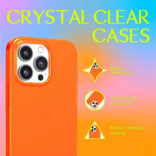 Vista 2 de FELONY CASE Funda protectora transparente naranja neón para iPhone 15 Pro, TPU y policarbonato que absorbe los golpes, a prueba de grietas con un