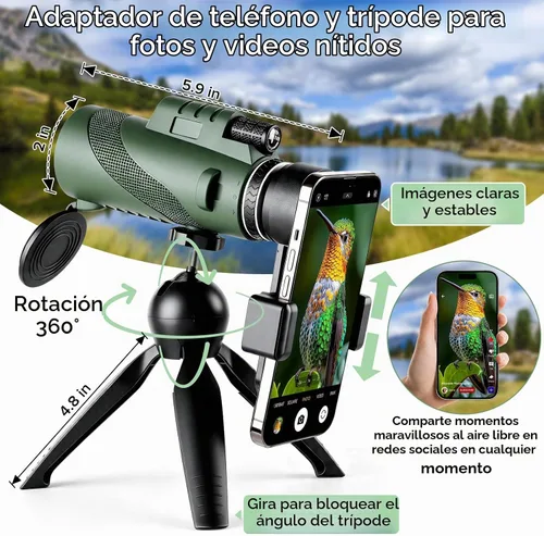 Vista 6 de Telescopio monocular 80X100 para adultos, con trípode y soporte