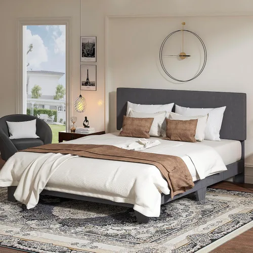 Vista 10 de WEEWAY Base de cama de plataforma tapizada completa con cabecero ajustable y listones de madera fuertes, base de colchón resistente, no necesita
