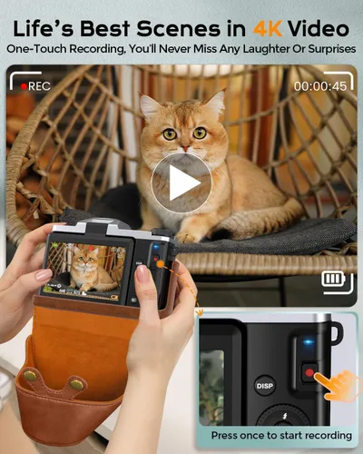Vista 3 de Cámara digital 4K para enfoque automático de fotografía, cámara de vlogging WiFi de 64MP para YouTube con pantalla abatible de 180° de 3 pulgadas