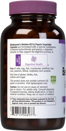 Vista 3 de BlueBonnet Betaína HCI Plus Pepsina Cápsulas Vegetarianas, 180 unidades (paquete de 1)