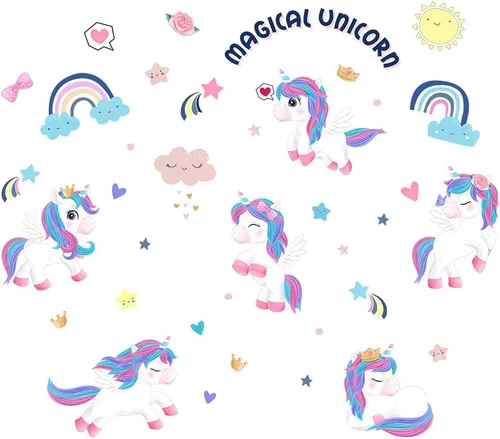 Vista 5 de fanquare Calcomanías de pared mágicas de unicornio con diseño de corazón de arco iris, decoración de pared para niños, niñas, dormitorio, sala