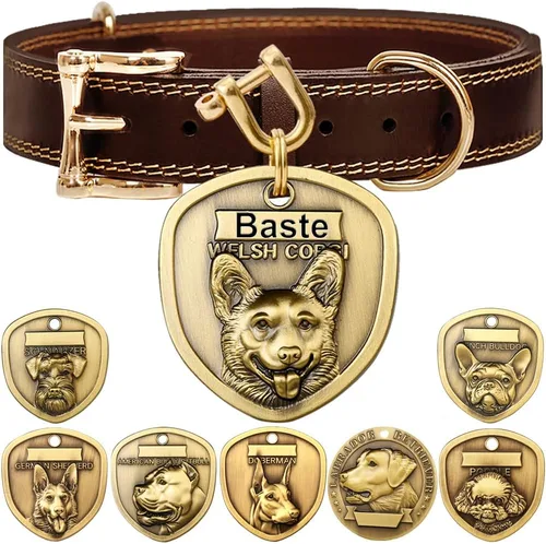 Vista 11 de Collar de cuero auténtico para perro + Juego de etiqueta para perro bulldog con relieve 3D (XS-S)