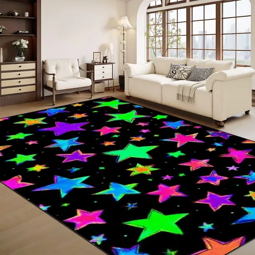 Vista 9 de Alfombra lavable de 8 x 10 pies para sala de estar, grande, suave, luz negra, sol, neón, reactiva a los rayos UV, luna celestial, estrella, planeta