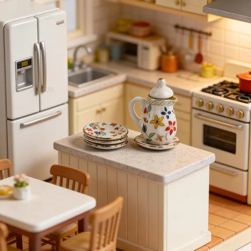 Vista 4 de AUEAR, Juego de 15 piezas de té de porcelana en miniatura 1:12 Miniatur Plato Taza Plato Accesorios Clásicos de Cocina (Patrón de Hoja Dorada)