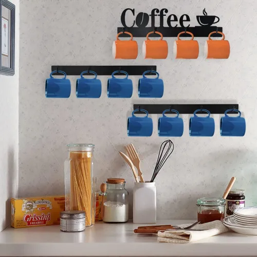 Vista 3 de Soporte de pared para taza de café con 12 ganchos, 3 paquetes de estante de metal para tazas con letrero de té, colgador de tazas para bar