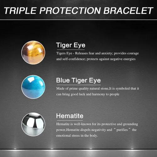 Vista 32 de DHQH Triple Protection Bracelet 8/10MM Hematite Black Agate Tigers Eye Stone Bracelet Crystal Jewelry Healing Bead Bracelets for Men Bring Luck