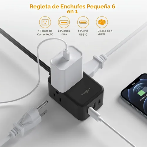 Vista 3 de TESSAN - Tira de alimentación de enchufe plano pequeña, cable de extensión ultrafino de 5 pies, color negro