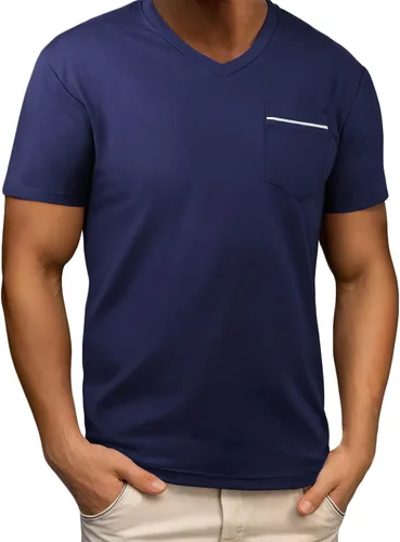 Vista 8 de Camisetas básicas de manga corta para hombre, estilo casual, color liso, cuello en V, para verano, playa, con bolsillo