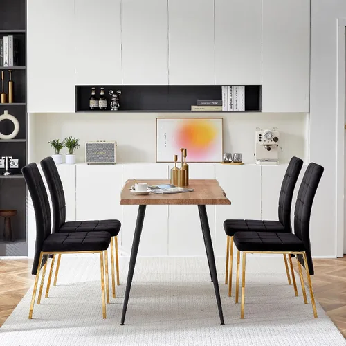 Vista 3 de Howtek Juego de mesa de comedor rectangular para 4, moderno de mediados de siglo con 4 sillas de cocina de terciopelo tapizado negro, juego de mesa