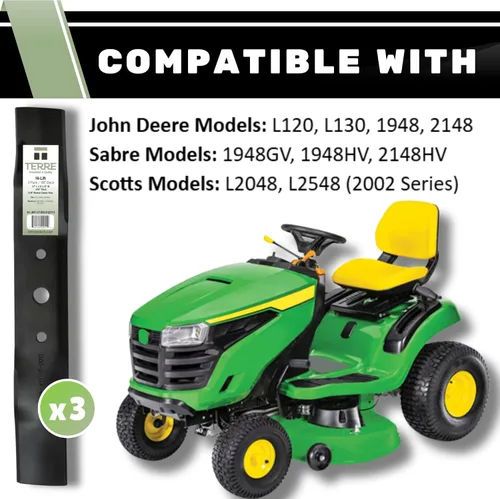 Vista 4 de Terre Products, paquete de 3 cuchillas para cortacésped de alta elevación, cubierta de 48 pulgadas, compatible con John Deere L120, L130, L2048