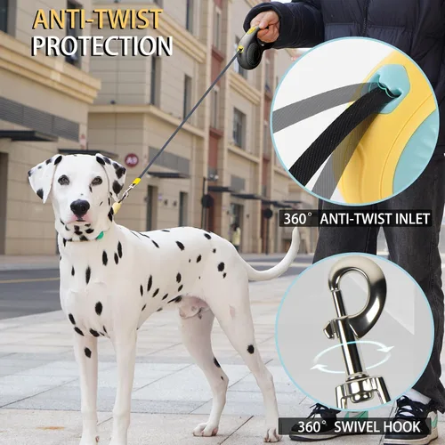 Vista 5 de JSXD Correa retráctil para perro de 360° sin enredos con freno con una sola mano, pausa, bloqueo, cinta de nailon resistente de 10 pies para Negro