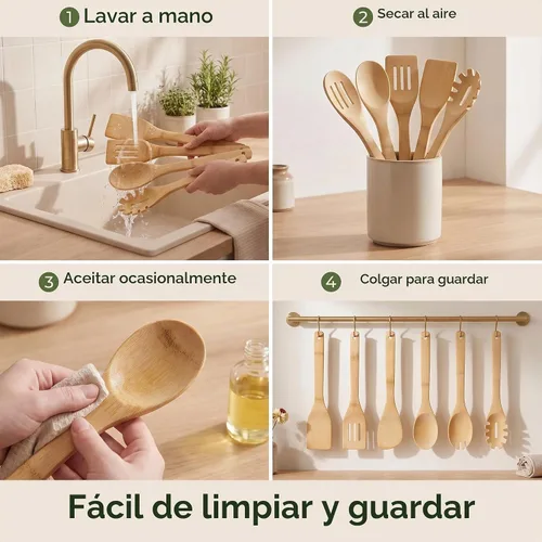 Vista 7 de Juego de utensilios de madera de bambú, 6 piezas, antiadherentes, seguros y resistentes al calor, utensilios de bambú para cocinar, fáciles
