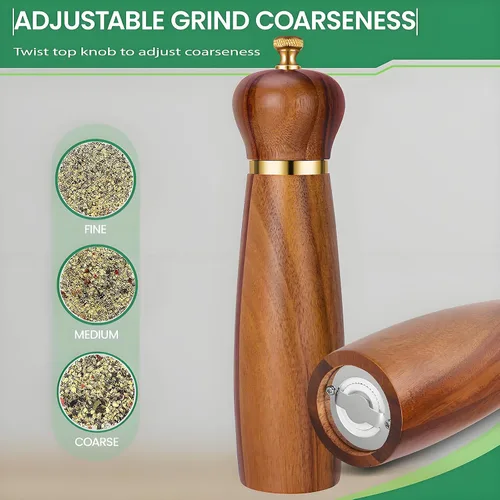 Vista 7 de Juego de molinillo de sal y pimienta de madera de acacia con base, molinillo de pimienta manual de 8 pulgadas con grosor ajustable, juego de 2