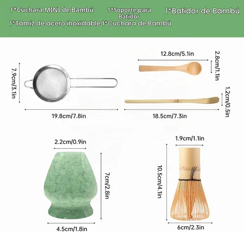 Vista 2 de Juego de batidor de matcha verde, 5 piezas, batidor y tazón de matcha (Chawan) con cuchara de matcha y tamizador, kit de matcha para ceremonia