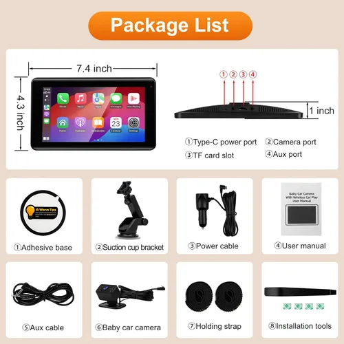 Vista 7 de Cámara de coche para bebé con pantalla inalámbrica CarPlay de 7 pulgadas, compatible con Apple CarPlay y Android Auto, cámara de coche de visión